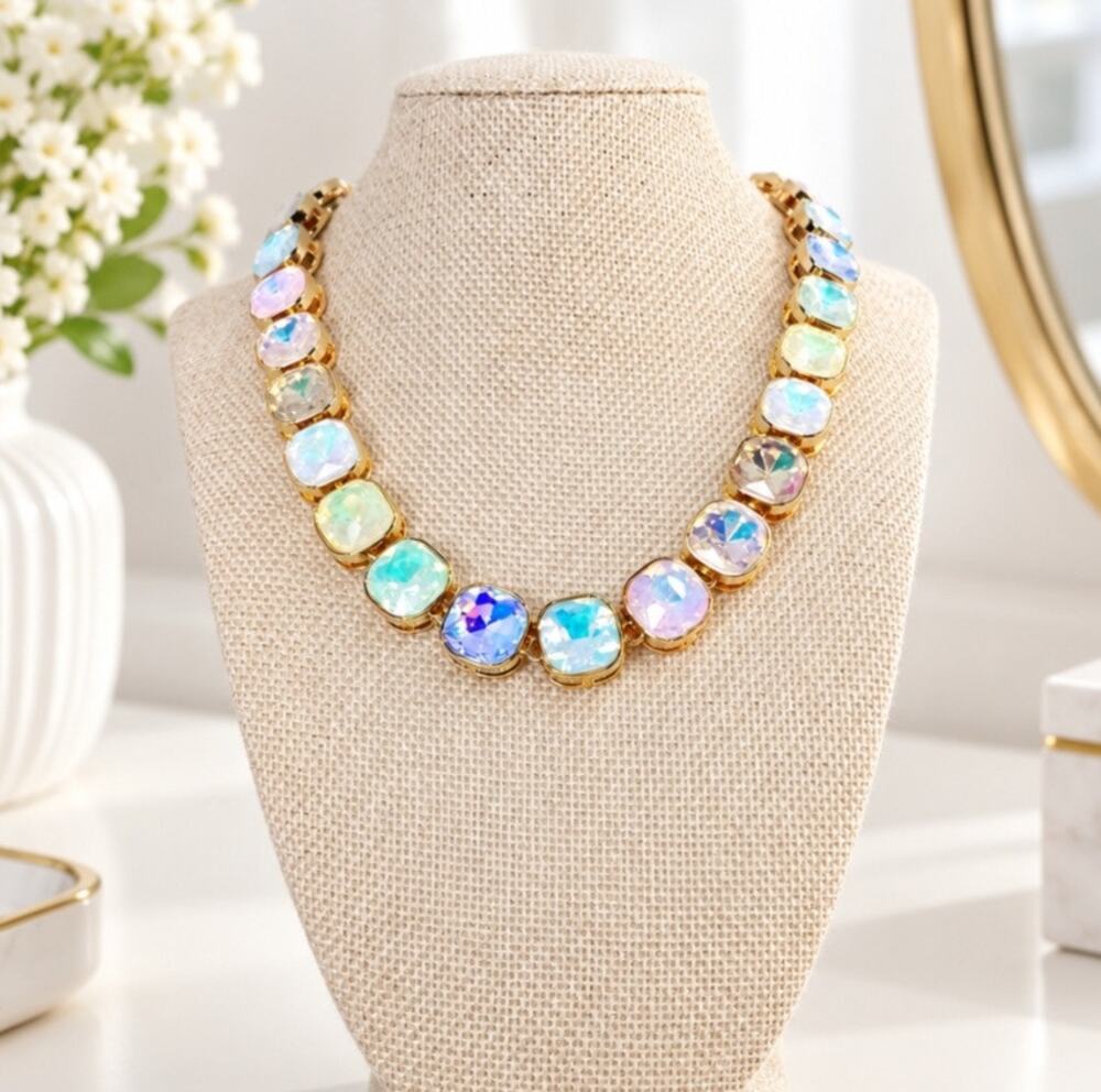 Gold Pastel Bling Glass Stone Necklace New